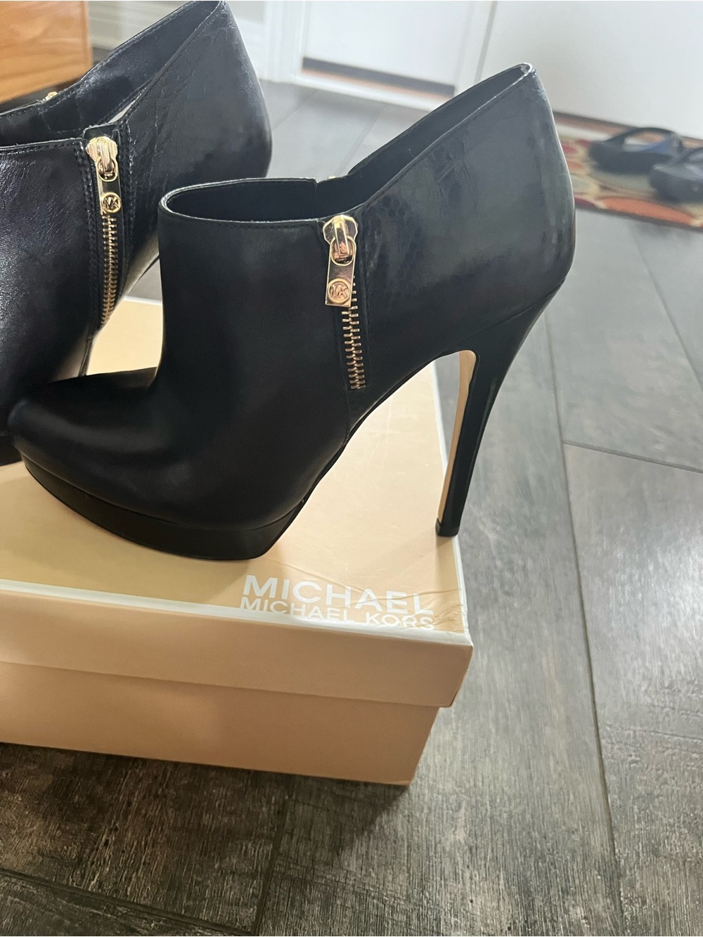 Michael Kors York Black Leather High Heel Zip Booties with Gold Accents